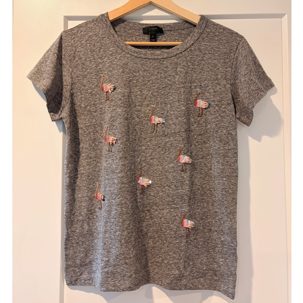 J Crew Vintage Flamingo Bird Sequin Womens Tee Size M Gray Preppy Summer Coastal - Picture 1 of 9